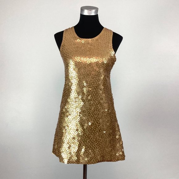 Alice + Olivia Gold Metallic Scoop Neck Micro Mini Shift Dress or Tunic, sz 4 - Picture 3 of 7